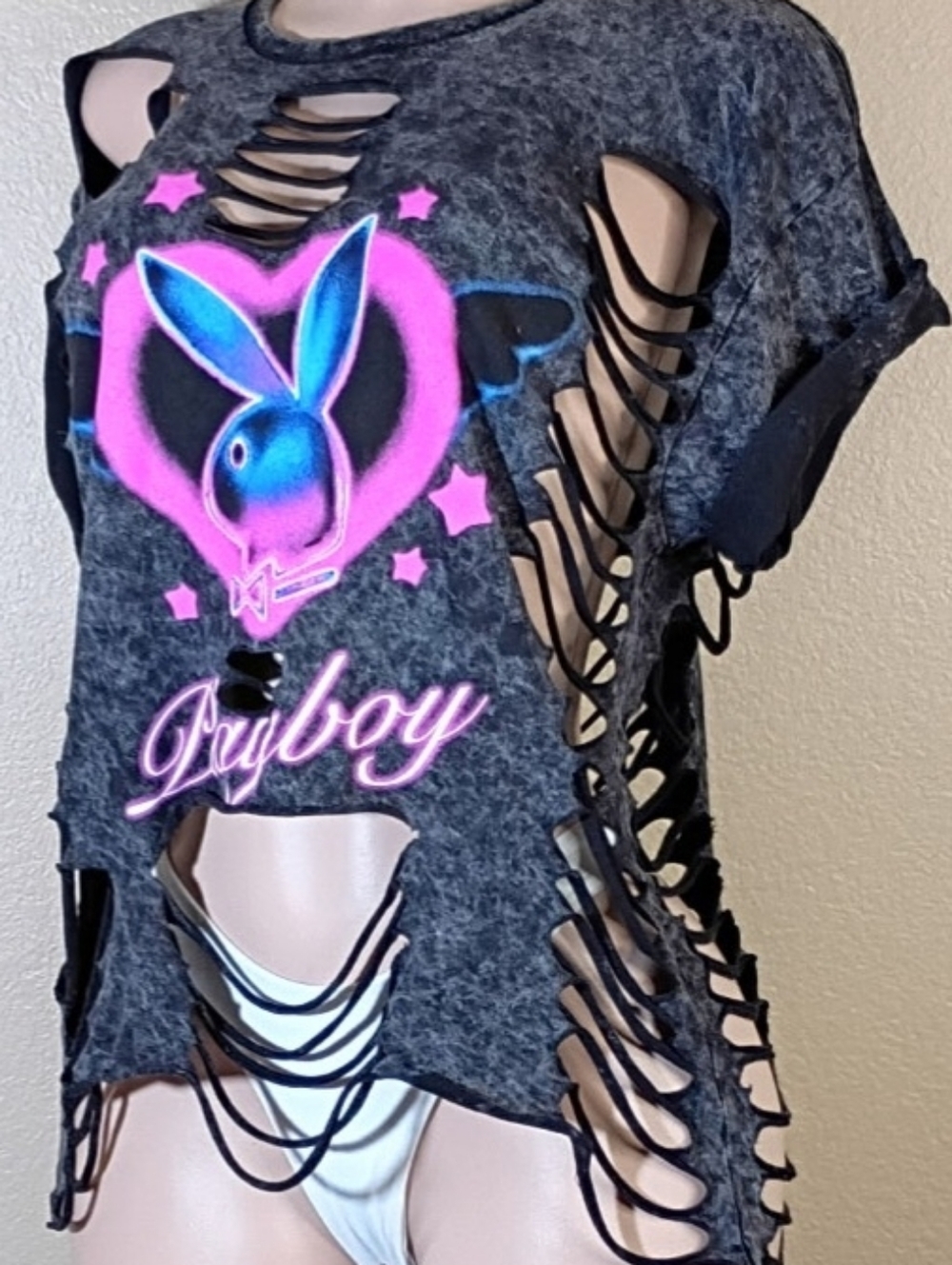 PLAYBOY Black Acid-Wash Custom Distressed Tee with Neon Pink & Blue Bunny - Picture 4 of 5